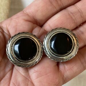 Vintage Silver Tone Clip on Earrings with‎ Black Stone
